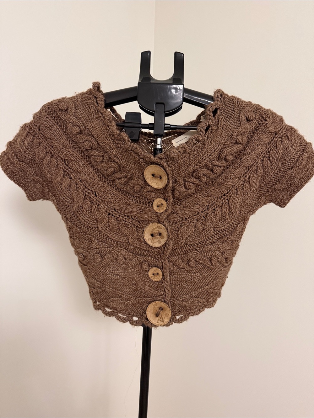 Short-Sleeve Cable Knit Button-Up Cardigan in Brown